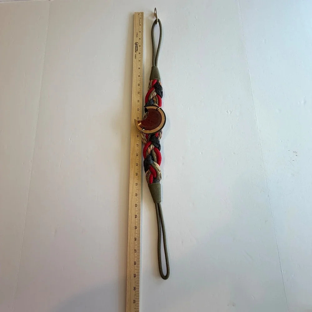 Vintage Braided Rope Statement Belt Wood Crescent Moon Pendant Red Green Black M